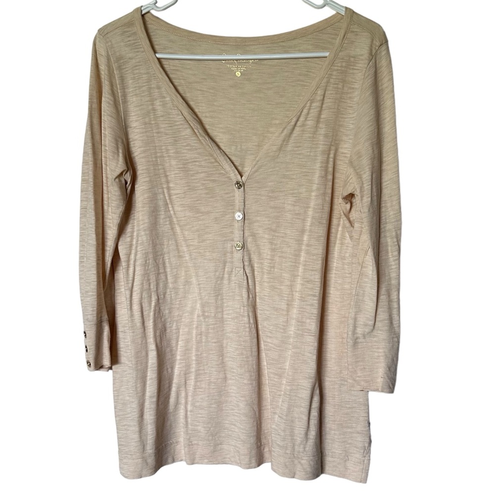 Lilly Pulitzer Beige Cream V Neck 3 Button Cotton Top Short Blouse Small